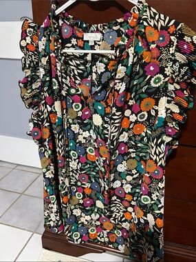 Chenault Black Floral Ruffle-Sleeve Casual top with Multicolor Blooms